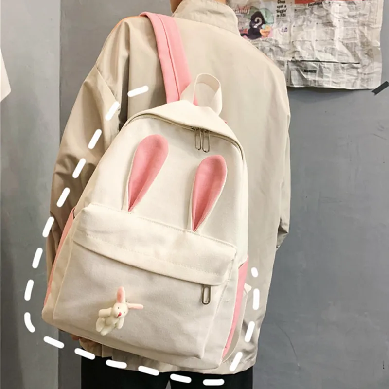 

Girl Schoolbag Korean Version Simplicity Bunny Ears Kawaii Student Cute Backpack Personality Large-capacity Backpack Canvas