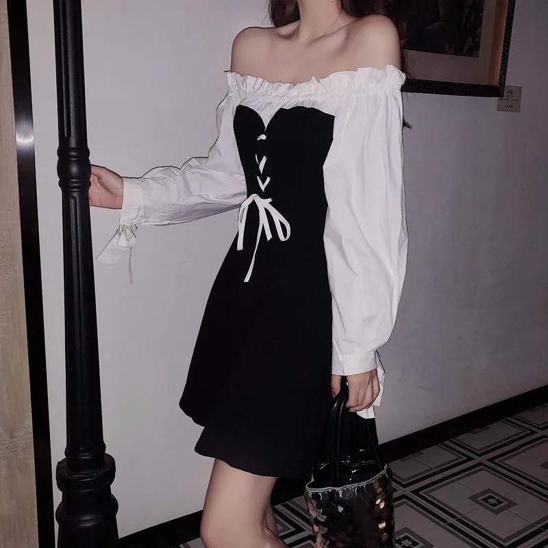 Леиона мини-платья с круглым вырезом на шее для женщин 2021 года, с патчворком и рукавами буфф, в японском стиле, сексуальные и сладкие, весна-осень, акция.