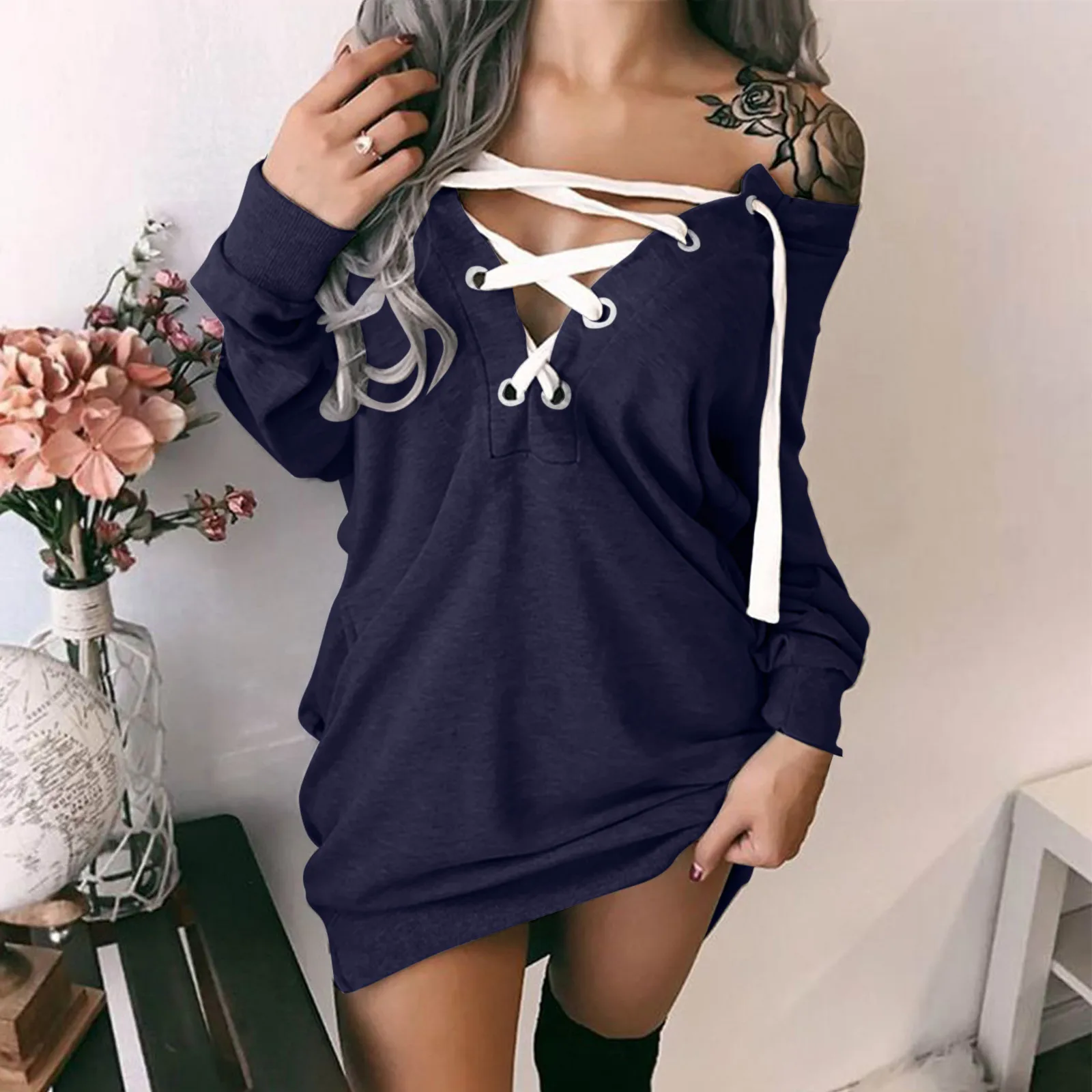 

Long Sleeves Sweater Dress Women Casual Shirt Dress Loose Long Sleeve Fashion Casual Prints Off-Shoulder Strappy Autumn Dresses
