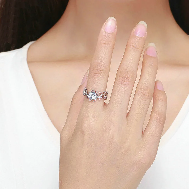 Flower Red Leaf Zircon Engagement ruby Ring for Female Fashion Popular Rhinestone Silver Wedding Rings Women Jewelry | Украшения и