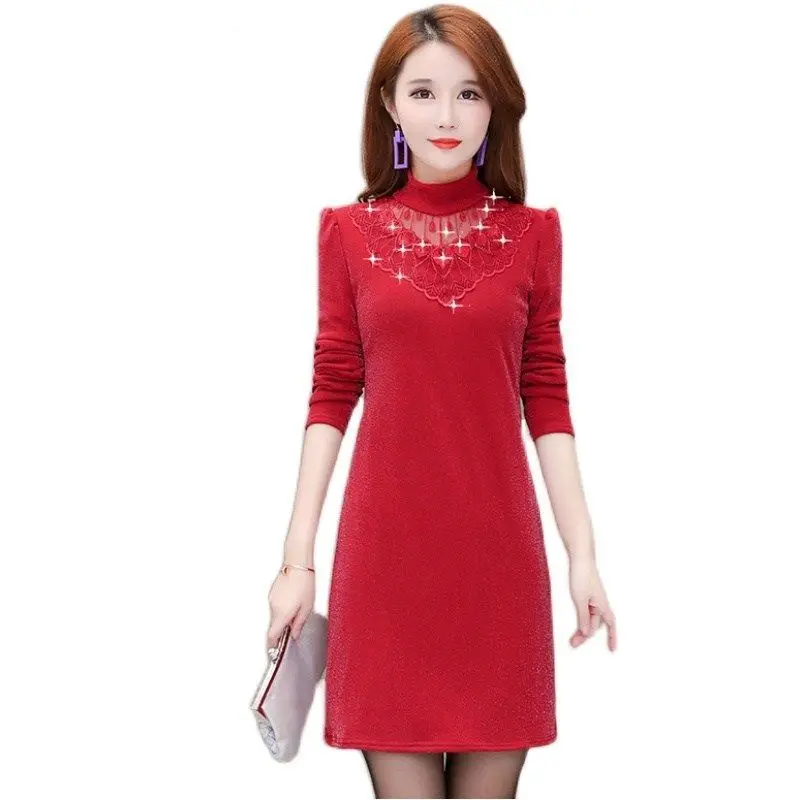 

2021 New Autumn Winter Women Dresses Warm Lace Long Sleeve Hip Slim Bodycon Party Dress Casual Solid Color Dress Vestido 461