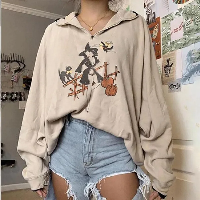 

Cartoon Printed Halloween Vintage Sweatshirt Women Hoodies Zip Polo Collar Loose Fashion Streetwear USA England Style Clothes