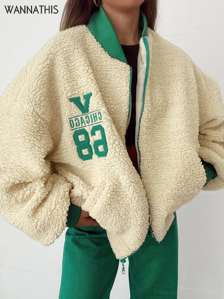 

WannaThis куртка из овечьей шерсти с воротником-стойкой, на молнии, с вышитыми буквами, Женское зимнее пальто с карманами в стиле пэчворк, улична...