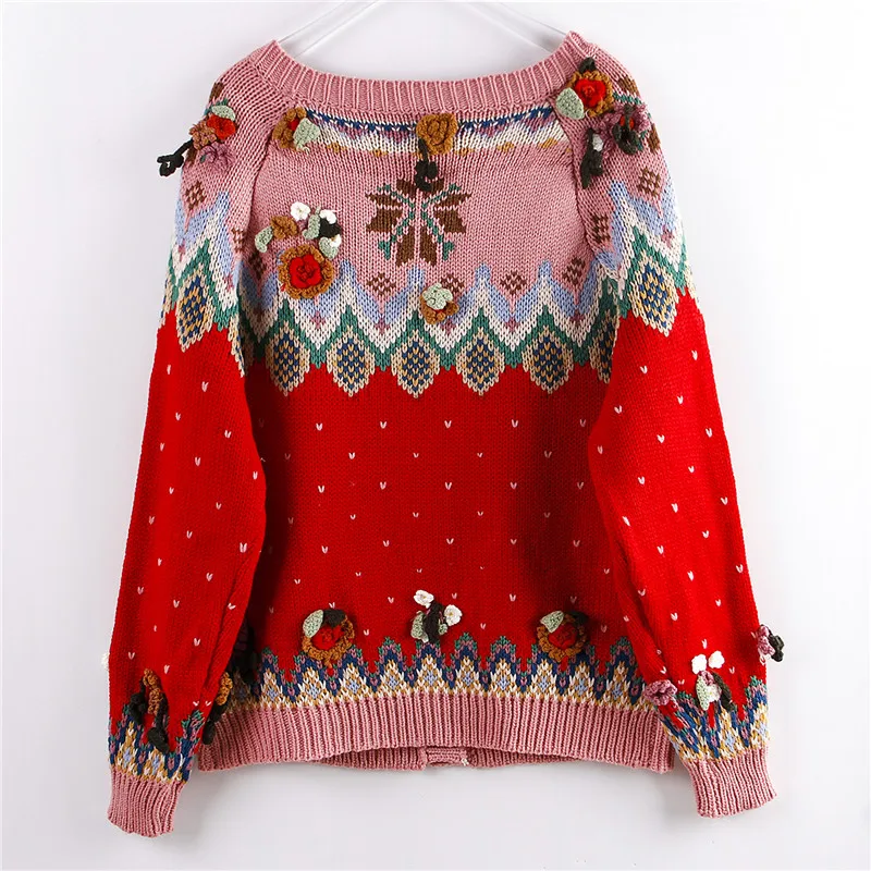Ancient sweater early autumn hand knitted three-dimensional flower wheel college bright sweater cardigan woman