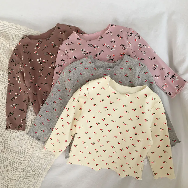 

2021 Girls Autumn Embroidered Round Neck Long Sleeve Bottoming Shirt Kids Clothes Spring & Autumn COTTON