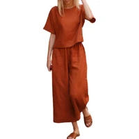 summer outfit women casual solid color wide leg two piece round neck short sleeve t shirt cropped pants fashion women outfit