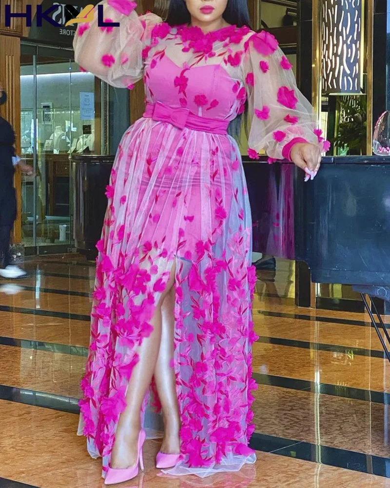 

Women Printed Lace Floor Length Dress High Street Style Long Dress Long Sleeve Round Neck Dress 2021 Spring Fashion