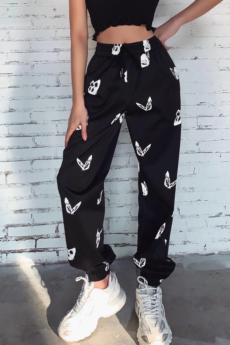 

2020 Autumn Balck Butterfly Casual Trousers for Woman Clotning Harajuku Streetwear Kpop