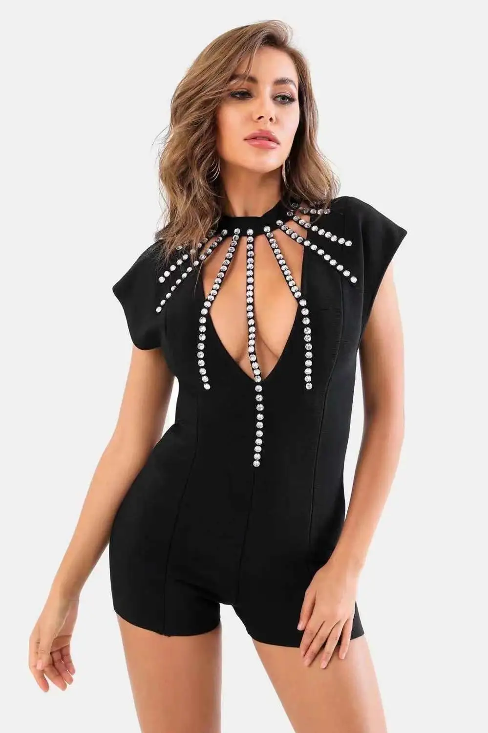 Top Quality Ladies Sexy Diamonds Hollow Out Sleeveless Black Bandage Playsuits 2021 Celebrity Designer Fashion Party Playsuits