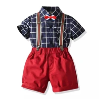 baby boy cotton clothes suit tie bow dark blue plaid shirt clothing red belt pants for 2 3 4 5 6 7 years