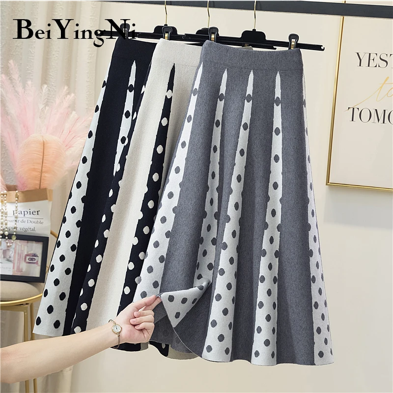 

Новинка 2021, модные женские юбки Beiyingni в горошек, шикарная винтажная Повседневная Корейская длинная юбка миди, женские черные осенние женски...