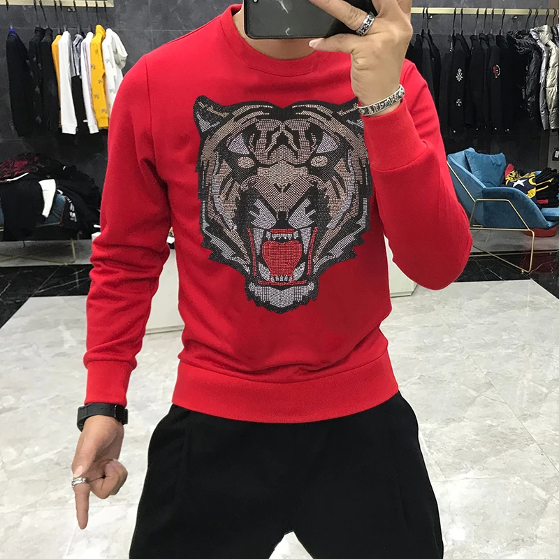 

Fashion Heavy Craft Hot Drilling Tiger Head Casual Male Hoody Men's Brand Hoodies Street Sweatshirts