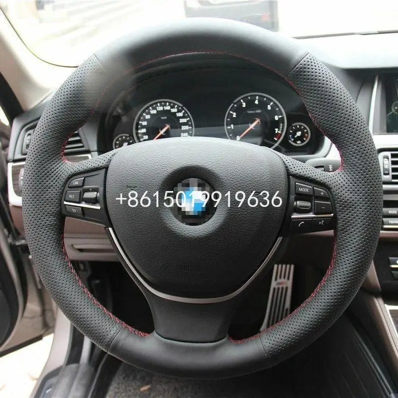 

Hand Sewing Black Leather Car Steering Wheel Stitch on Wrap Cover For BMW 525li 2014