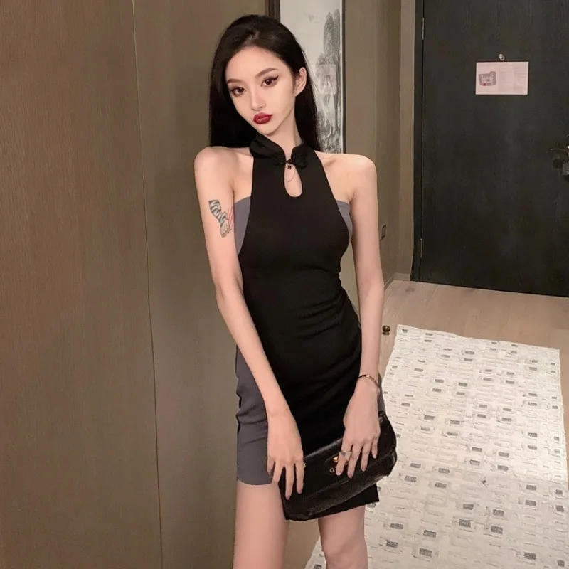 

Improved Cheongsam Contrast Colors False-Two-Piece Dress 2021 Early Spring New Korean Style Temperament Sheath Short Skirt