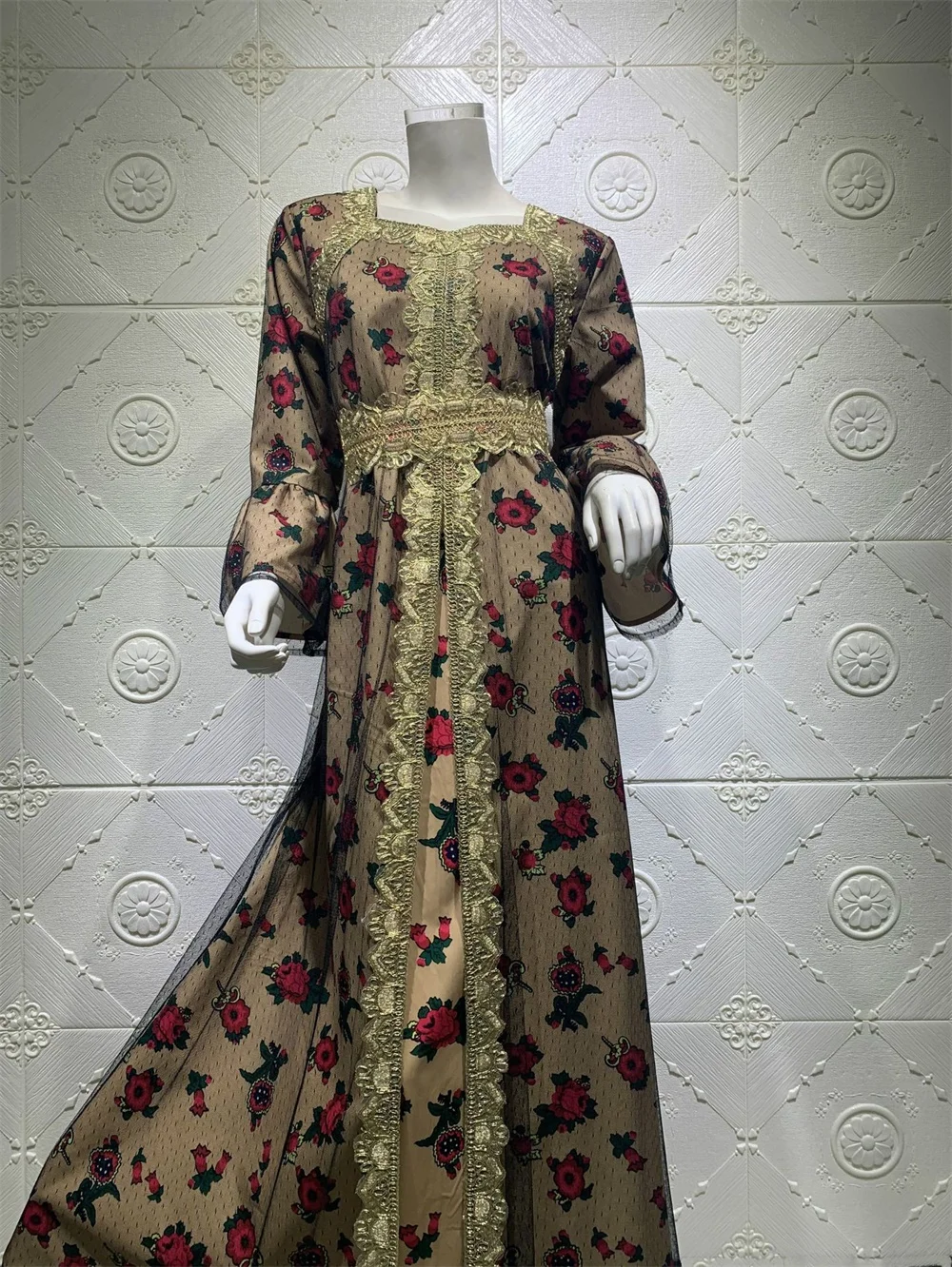 Кружевное платье с вышивкой Jalabiya Сетчатое мусульманское абайя Eid Mubarak Дубай