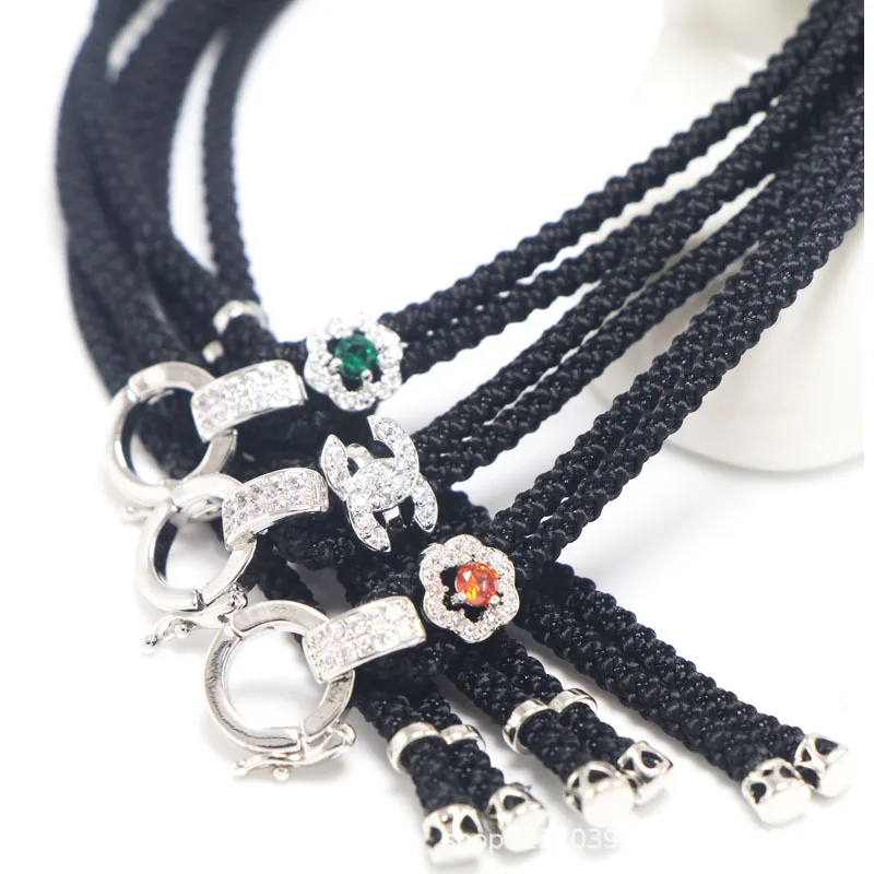 

Chalcedony crystal inlaid hanger handwoven black leather cord DIY universal chain adjustable buckle rope necklace