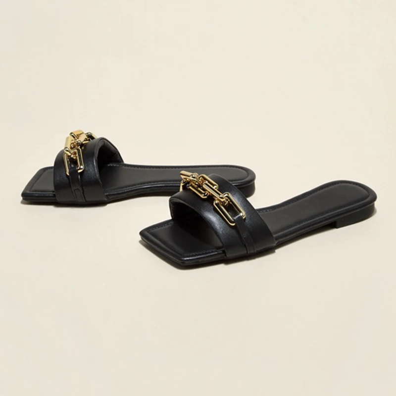 

2021 Women Slippers Summer Female Flip Flops Metal Shoes Ladies Fashion Slides Outside Flat With For Woman Slippers Shoes