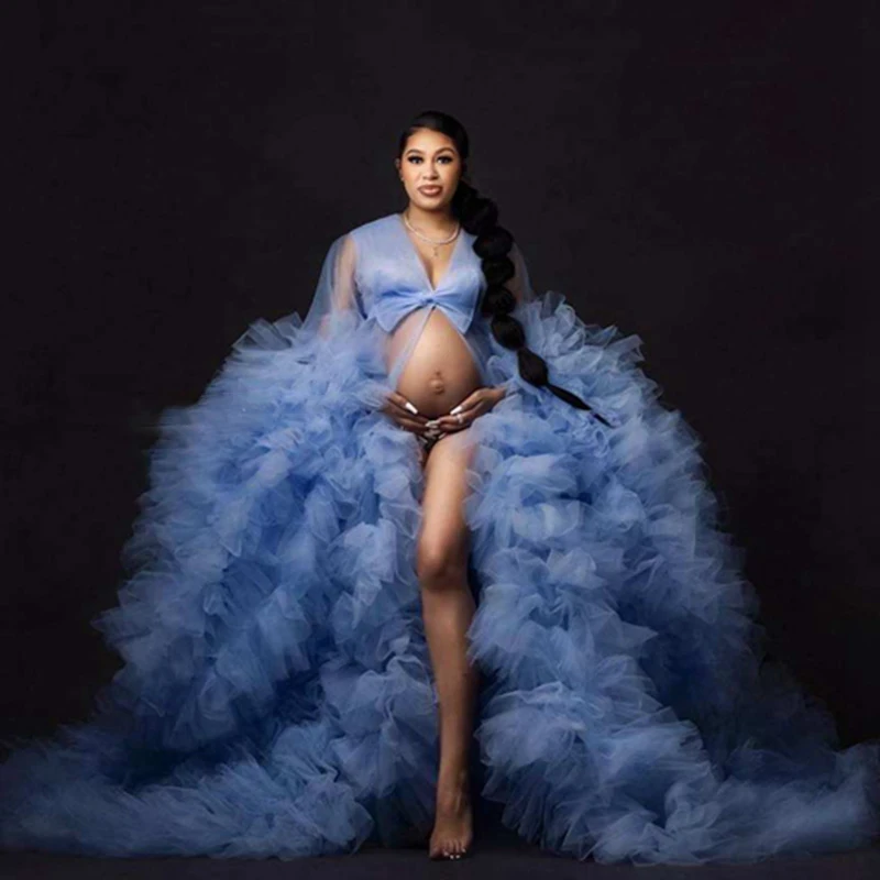 

Blue Puffy Tiered Ruffles Maternity Dress Sheer Long Women Maternity Dressing Gowns for Photoshoot Pregnancy Tulle Robes