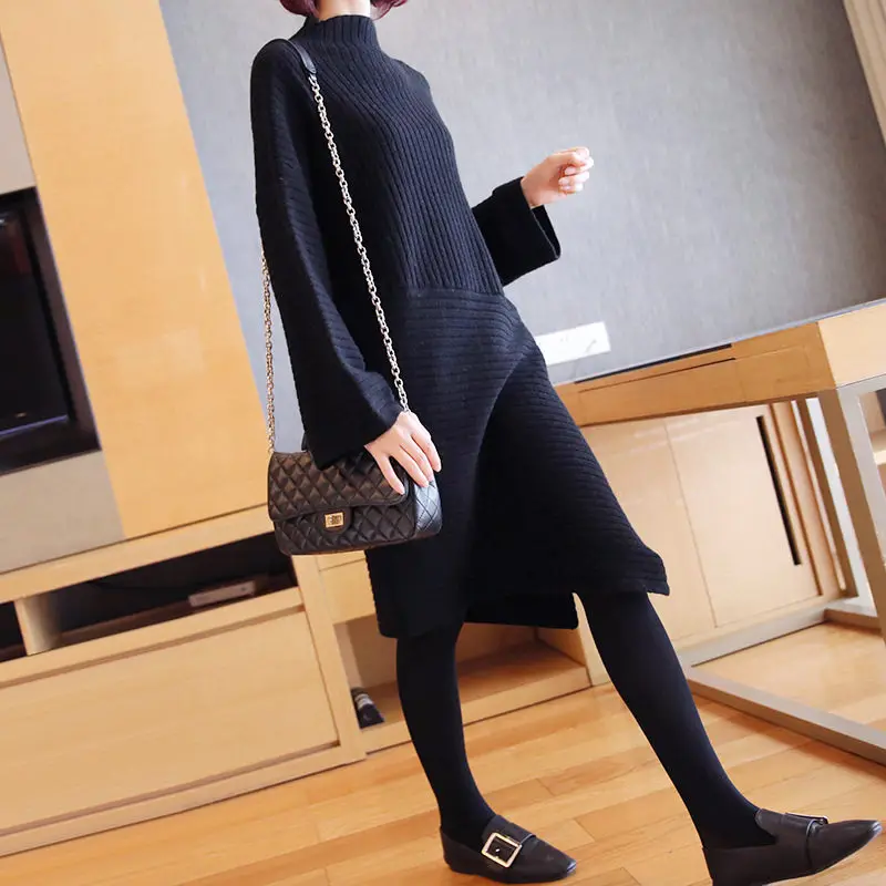 Длинный секционный пуловер женский осенний и зимний Сплит платье с высоким