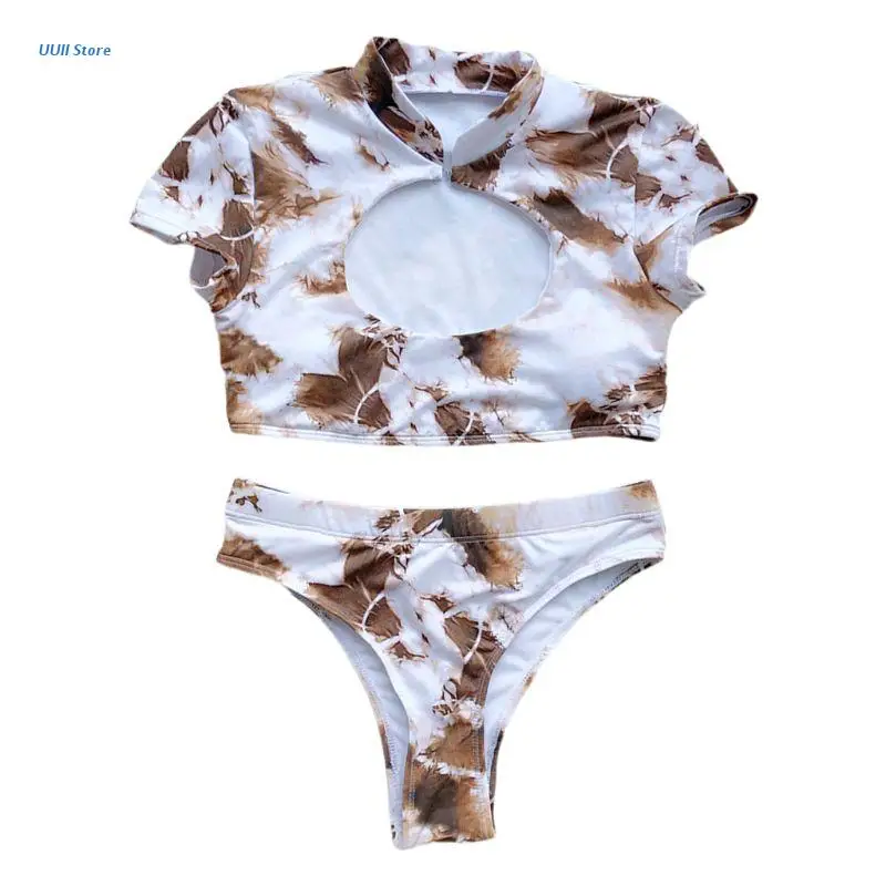 

Womens Sexy Two Piece Bikini Set Tie-Dye Hollow Out Short Sleeve Cheongsam Collar Crop Top Swimsuit High Cut Bottom Bathing Suit
