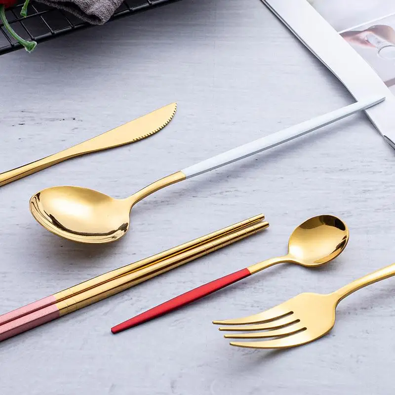5Pcs Tableware Set Cutlery Stainless Steel Dinner Dessert Chopsticks Knife Fork Spoon Dinnerware Flatware ложки вилки набор | Дом