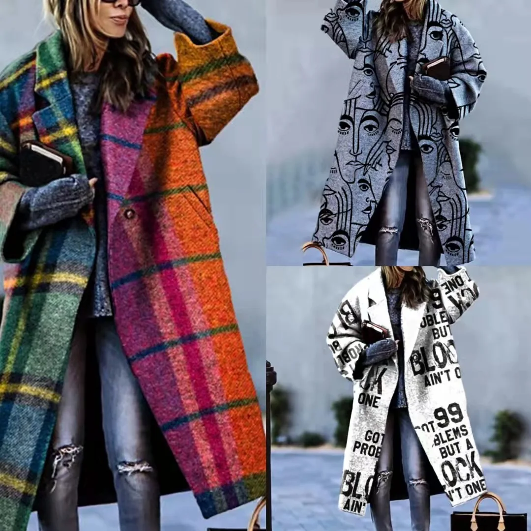 

Женское шерстяное пальто в клетку с длинными рукавами и отложным воротником, осень 2021