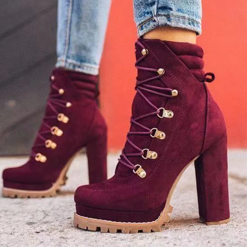 

Women's Ankle Boots High Heels Platform Female Lace Up Women Shoes Buckle Woman Short Boot New Botas Femininas Plus Size Female