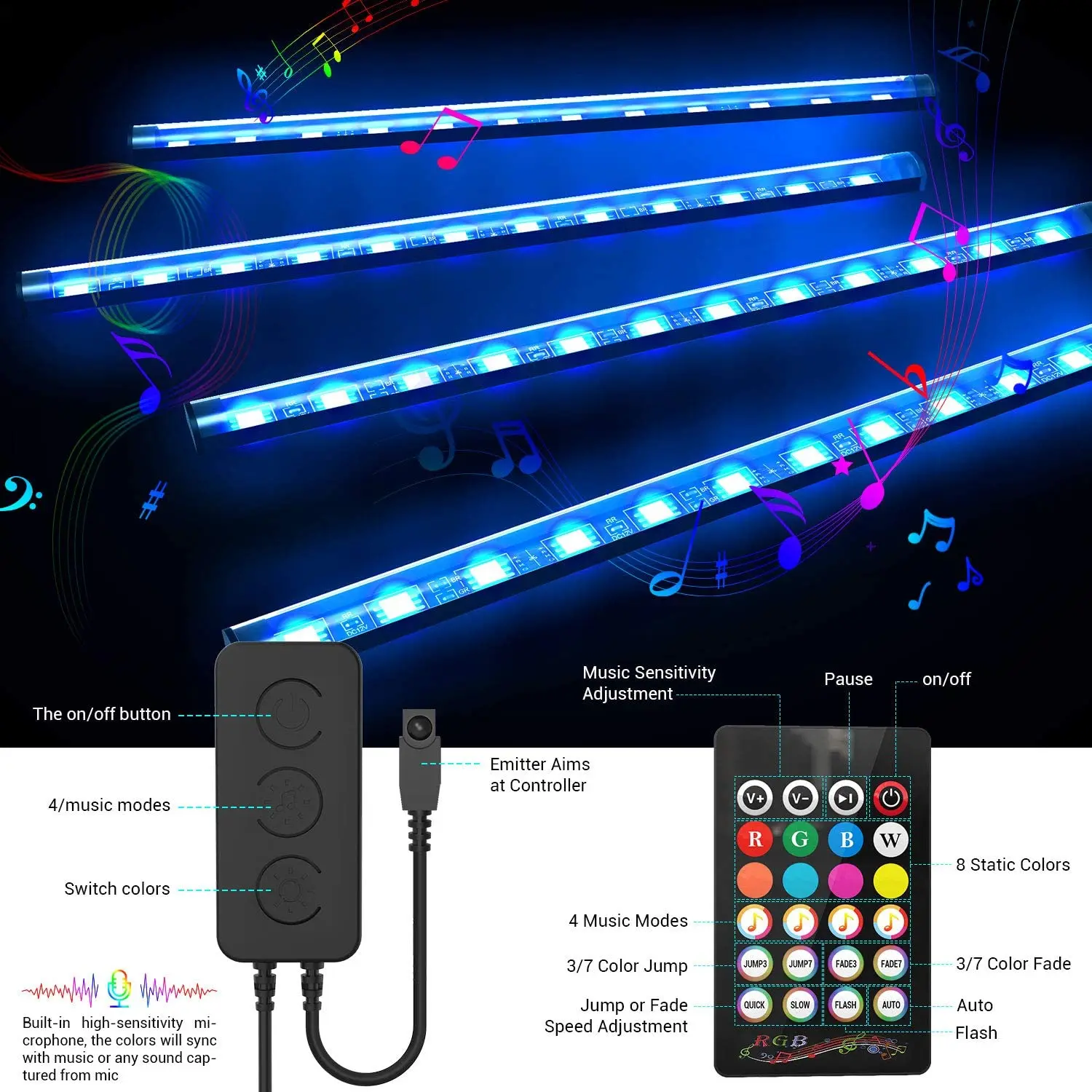 4 in 1 LED Car Interior Decoration Light Strip Bluetooth APP Control RGB Atmosphere Ambient Lamp USB Charge Waterproof | Лампы и
