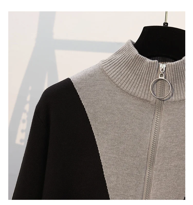 

plus size women knit sets autumn winter long sleeve patchwork zipper cardigan sweater and knitting long pants two pieces sets