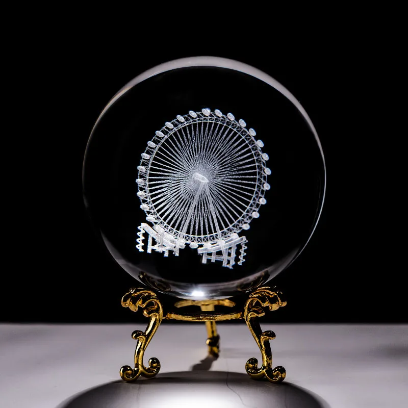 

6CM Crystal 3D Ball Ornaments Laser Engraved Quartz Glass Sphere Ferris Wheel Model Home Decorative Miniature Gifts Figurine