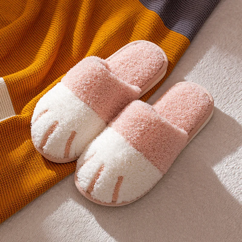 

Soft Indoor Female Cotton Slippers Winter Lovers Cat Paw Warm Slides Cute Cartoon Comfortable Fashion Women Furry Pink Shoes