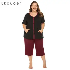 Ekouaer женский пижамный комплект большого размера, с круглым вырезом и коротким рукавом, рубашка и брюки длиной до локтя, Свободный Летний пижамный комплект, размеры от 2 до 8 лет