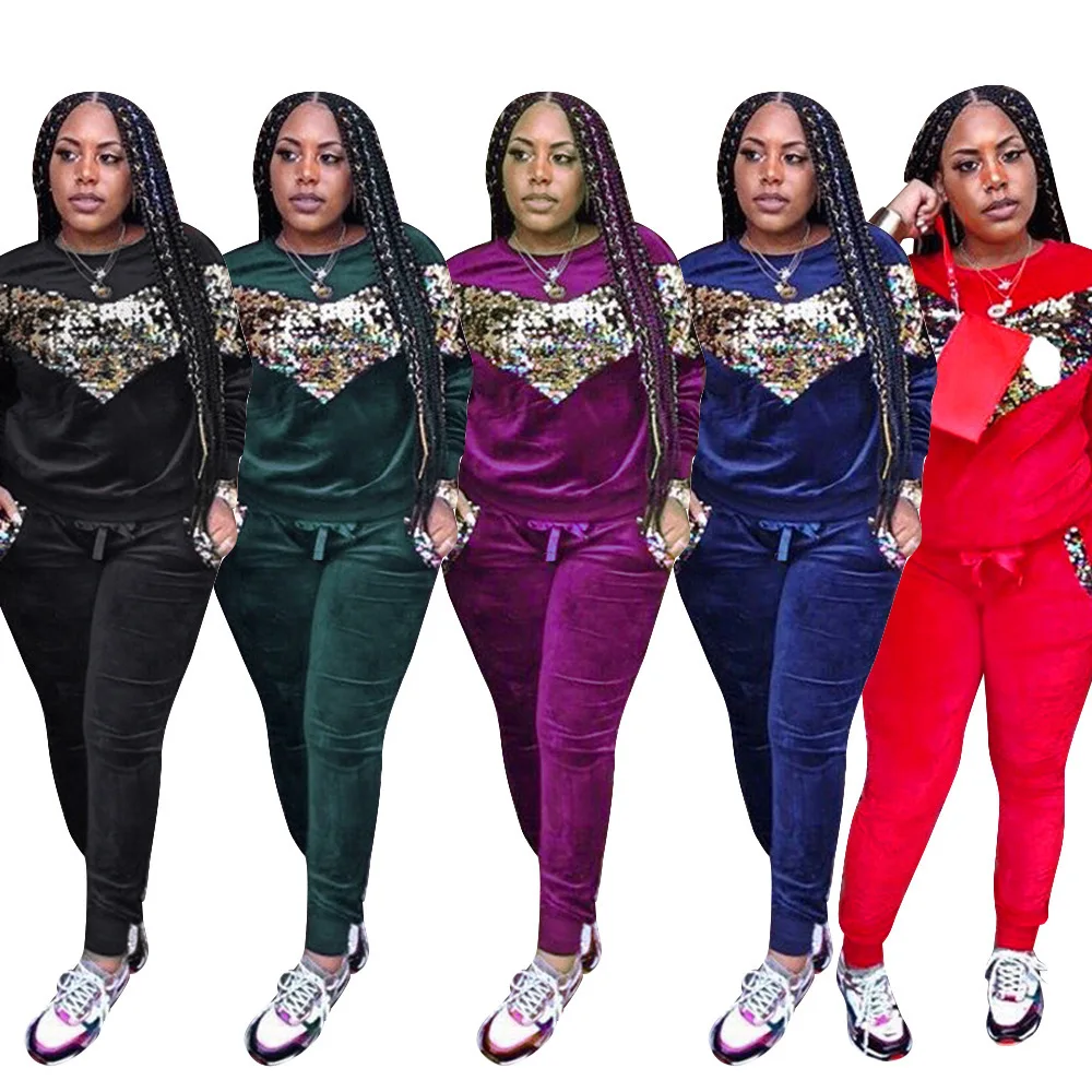 

Velvet Sequin 2 Piece Set matching Women Tracksuit Hoodies Tops And Pant Casual Outfits Suits Fall Winter Velour Sweatsuit