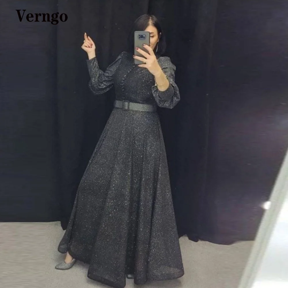 

Verngo Modest Black Mother Formal Evening Dress High Neck Long Sleeves Buttons Floor Length Prom Dress Saudi Arabic Garment