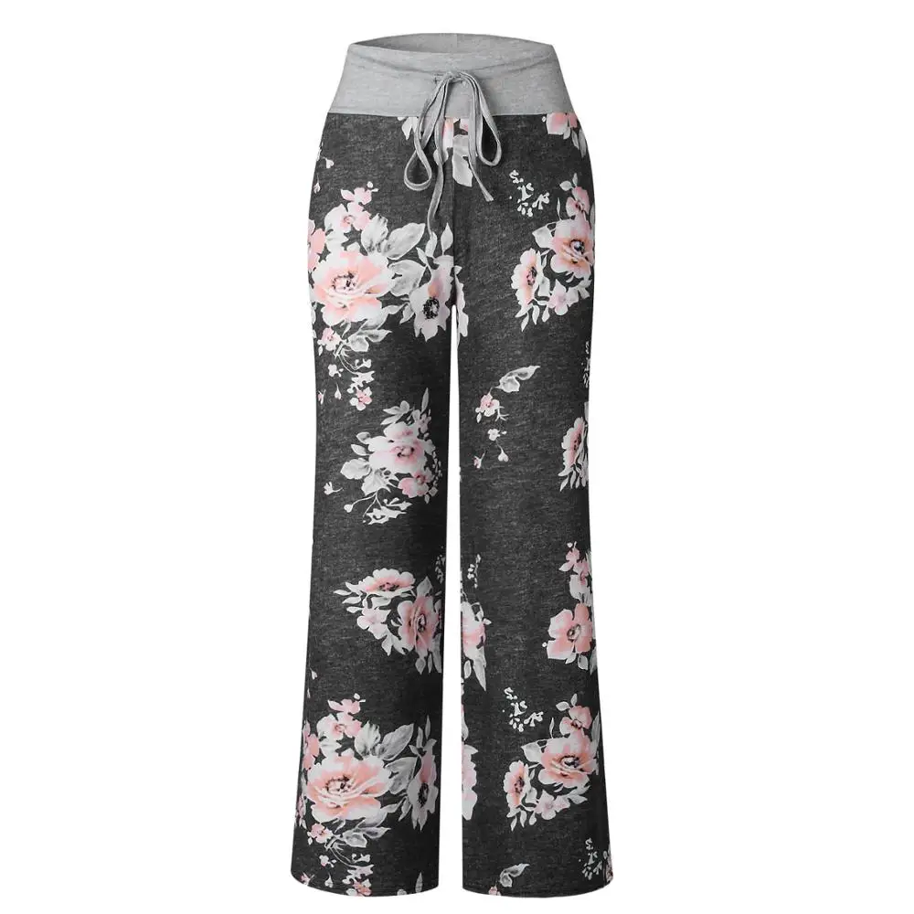 

Causal Women Autumn Flower Print Pants Nice Drawstring Wide Leg Pants Loose Straight Trousers Long Female Plus Size Trousers
