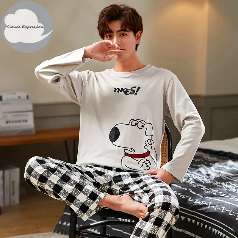 Пижама мужская хлопковая в полоску одежда для сна с надписью мультяшный пижамный