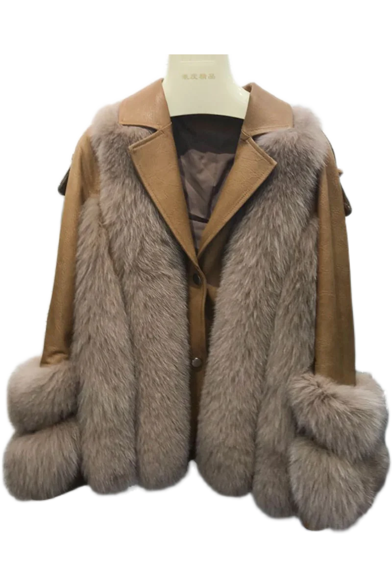 

Fashion High-end Jackets Winter Natural Fox Fur Stitching Short Jacket Single-breasted Lapel Temperament Coats femme veste