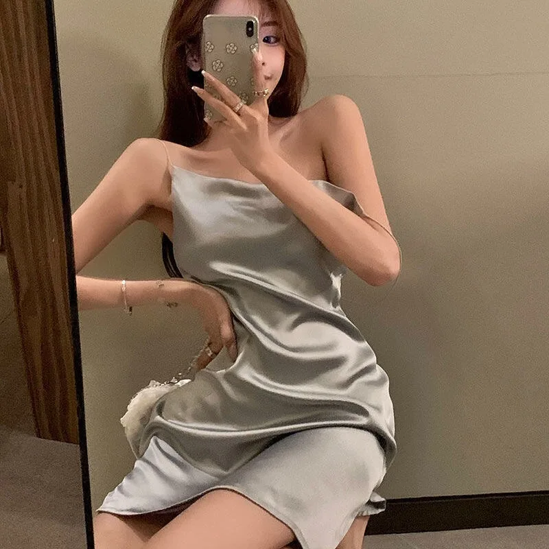 

Sling dress female summer French satin temperament small skirt 2021 new slim sexy split skirt
