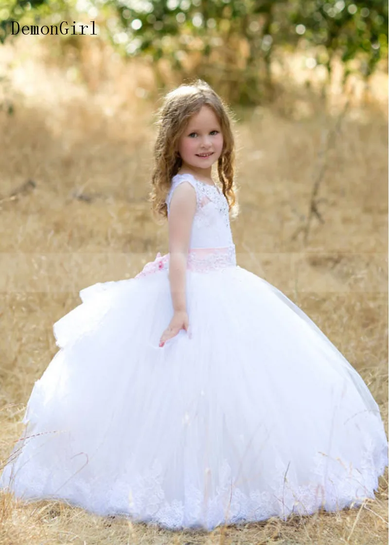 

Белое Цветочное платье для девочек, кружевное платье с бисером и О-образным вырезом, пышная юбка принцессы, платье для первого причастия, де...