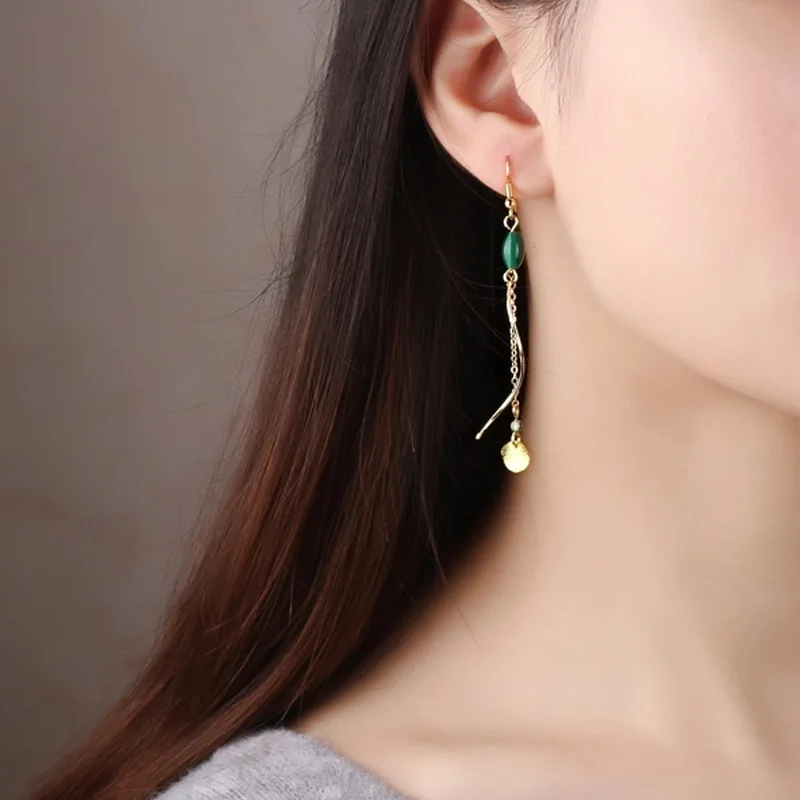 BOEYCJR Ethnic Vintage Copper Flower Green Stone Bead Dangle Earrings Fashion Jewelry Braided rope Drop For Women | Украшения и