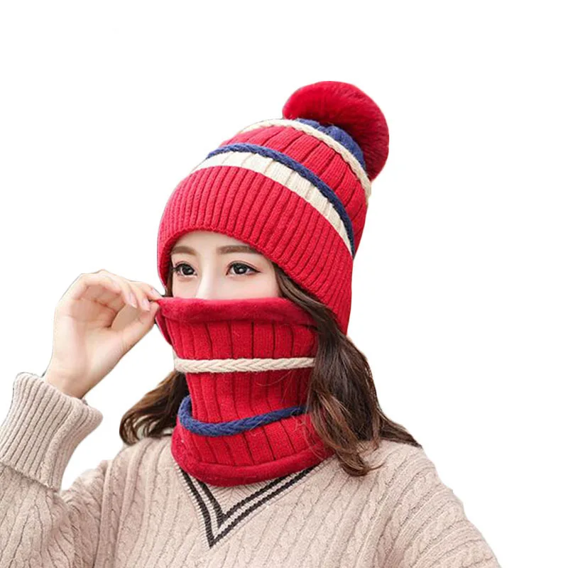 

High Quality Hot Girl Hat Ski Pompons Fur Ball Hat Knitted Beanie Hats Scarf Riding Set Winter Women Thick Skullies Cap Female