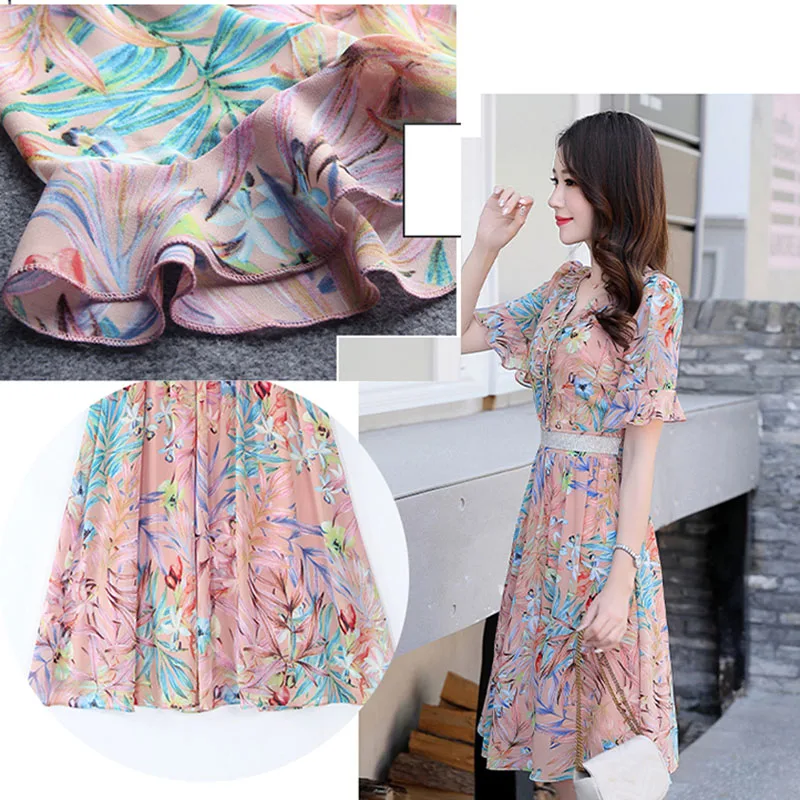

2021 New Elegant Women Summer Dress Sweet Casual Office Female vestido V-neck Short sleeve Printed Silk Dresses OK729