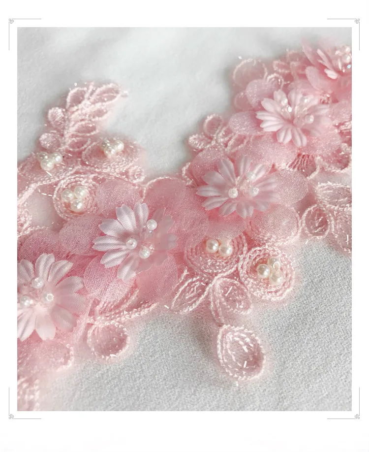 sequins beaded 3D pink white flowers embroidery lace patch Dress DIY veil applique parche Woman's clothes hanfu Decoration