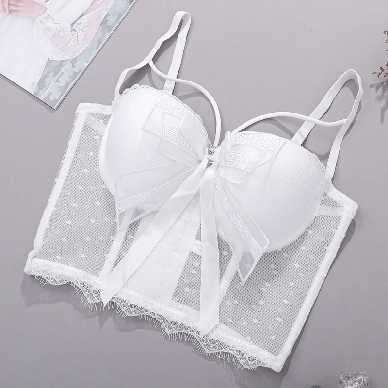 

Women Sweet Sequins Bow Bustier Bra Sexy Sheer Polka Dot Mesh Lace Camisole Vest Club Party Slimming Corset Crop Top