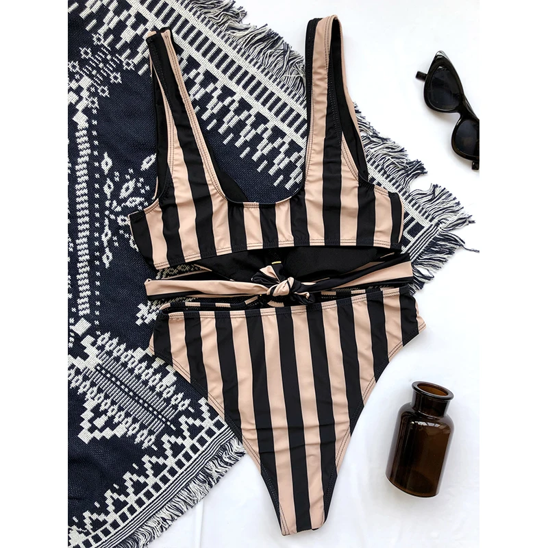 Монокини в полоску In-X бандажный слитный купальник женский с кольцами женское