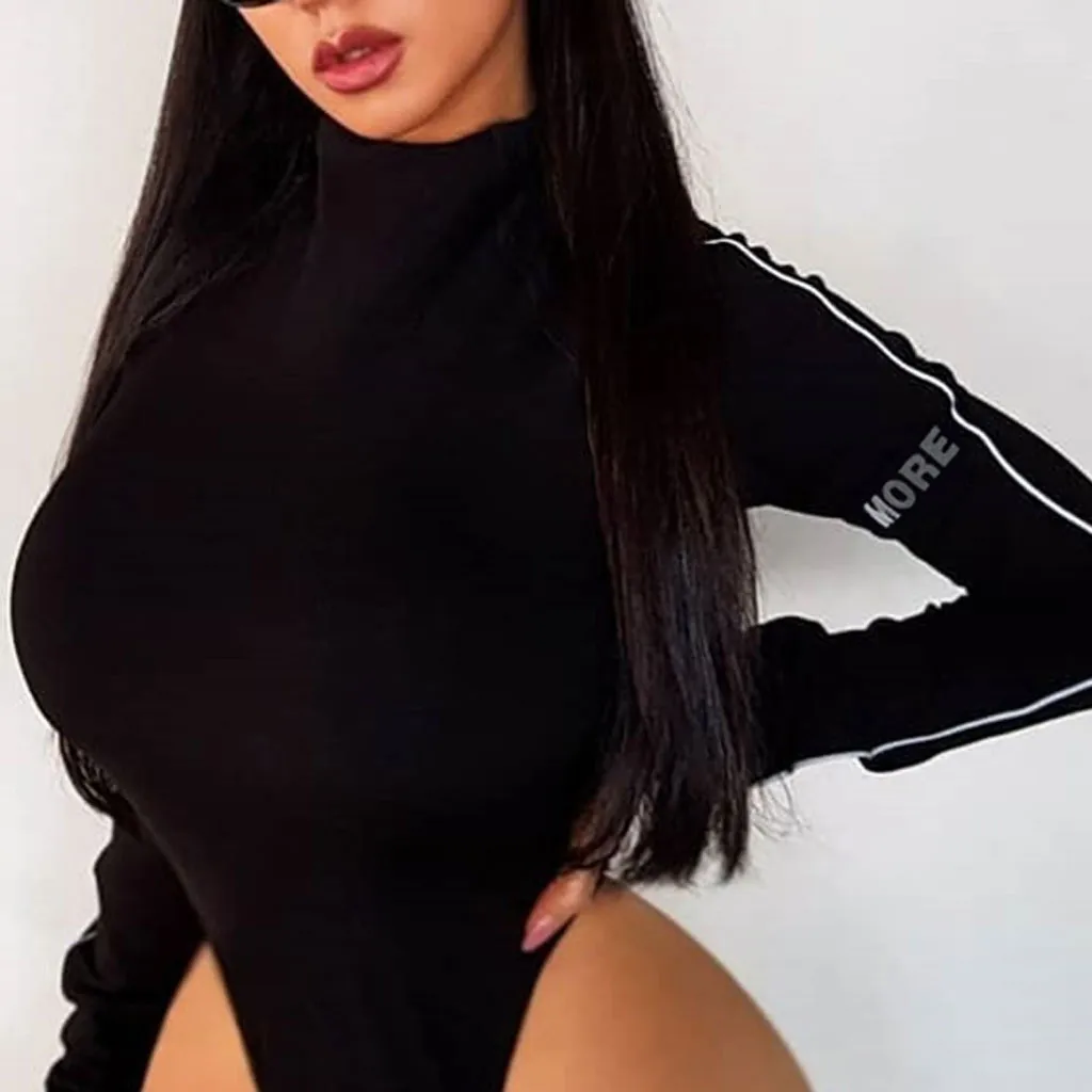 Женское облегающее боди с длинным рукавом однотонное черного и белого цвета со