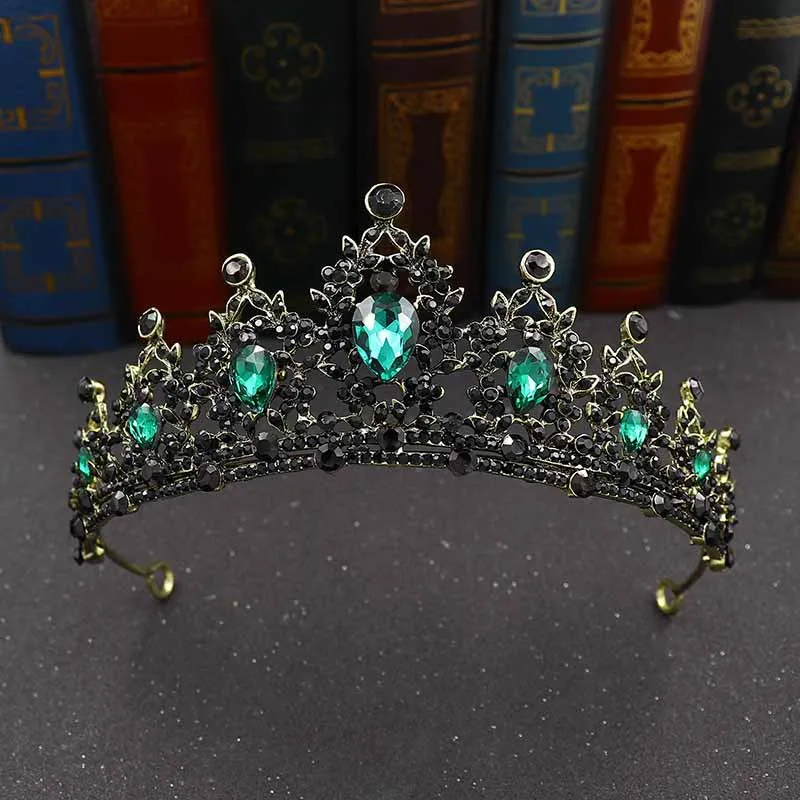 

New Vintage Black Green Color Crystal Heart Bridal Tiaras Crown Rhinestone Pageant Diadem CZ Headband Wedding Hair Accessories
