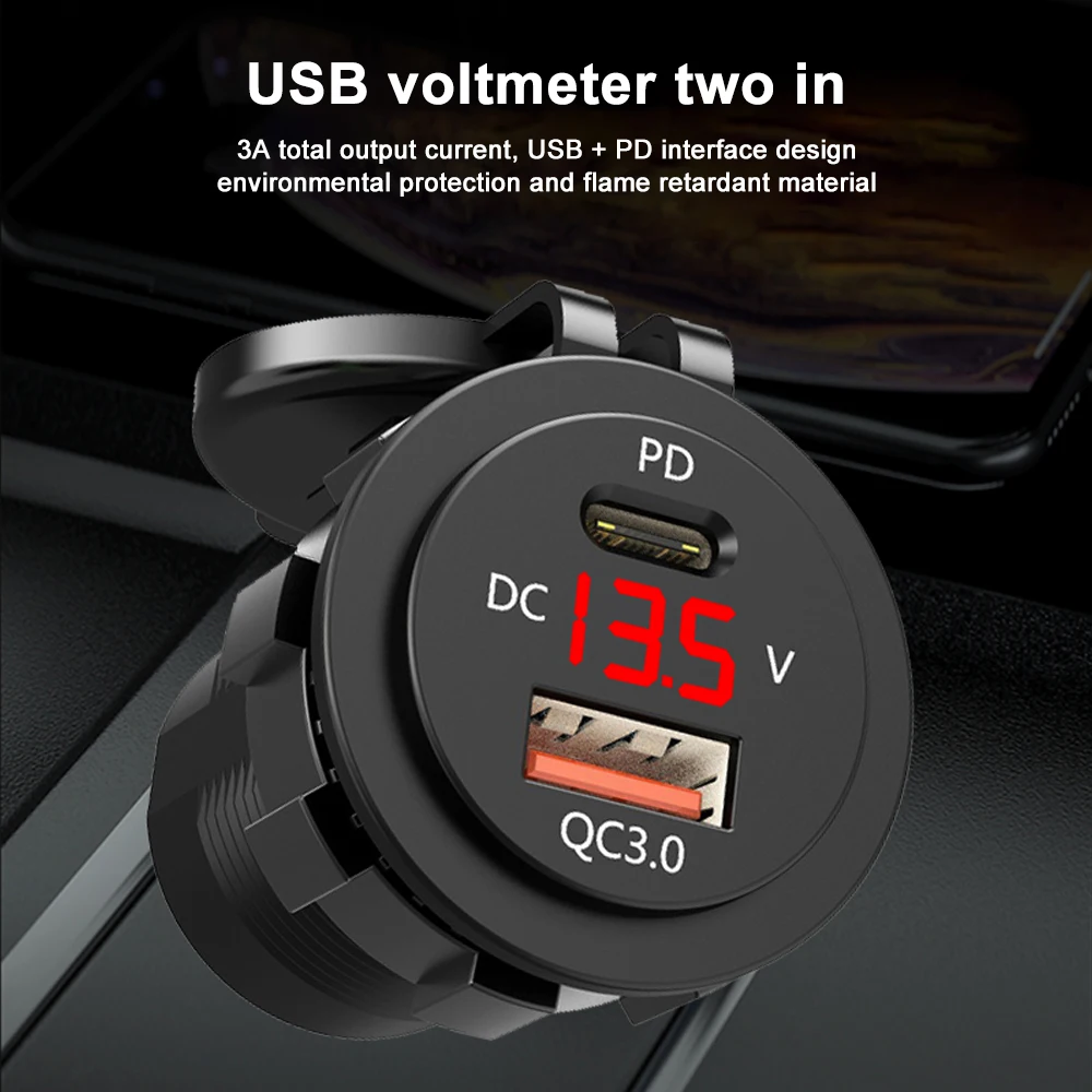 12V-24V Car Cigarette Lighter Motorcycle Dual USB Charger PD Quick Charge Chargers Socket Adapter With LED Voltmeter And Cable | Автомобили
