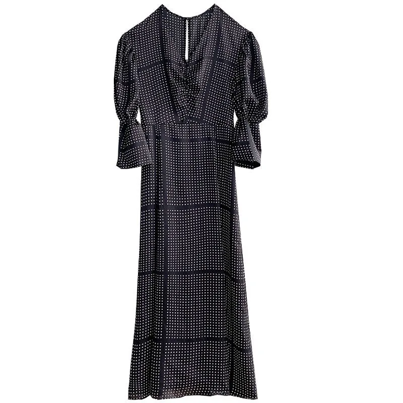 

2021 Spring New Ol Slim V Neck Puff Long Sleeve Dresses Women Vintage Print Spring Long Vestidos High Waist Hip A Line Robe
