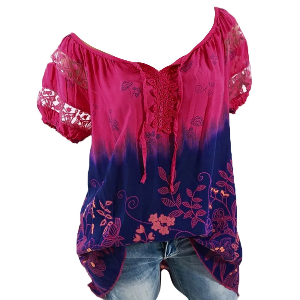 

CHAMSGEND 5XL Plus Size Women Summer Short Sleeve V Neck Floral Print Loose Blouses Casual Lace Fashion Tops Shirts Blouses F64
